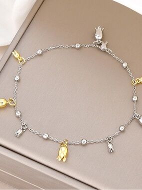 Silver & Gold Tulip Charm Anklet - Women Jewelry